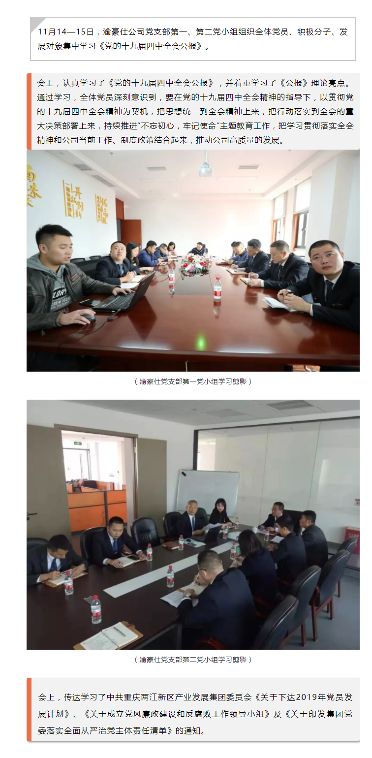 渝豪仕党支部学习《党的十九届四中全会公报》