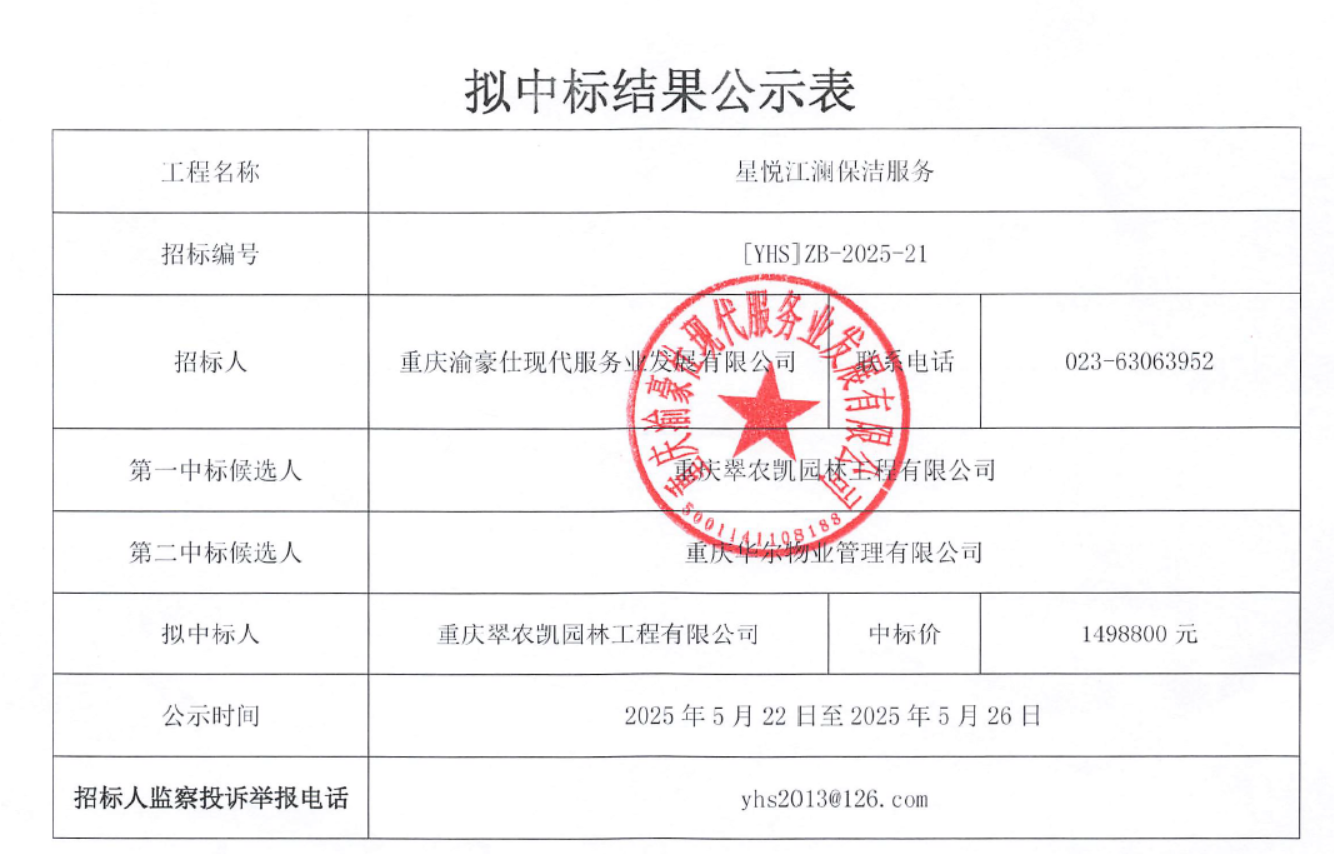 星悦江澜保洁服务拟中标结果公示表