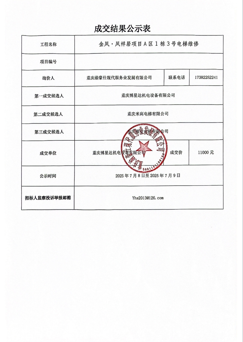 金凤·凤祥居项目A区1栋3号电梯维修成交结果公示表