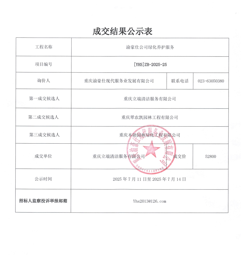 渝豪仕公司绿化养护服务成交结果公示表