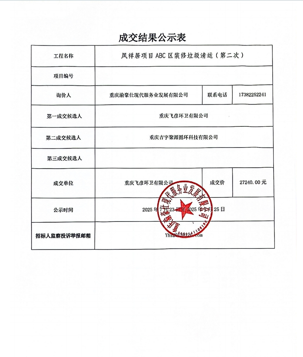 凤祥居项目ABC区装修垃圾清运（第二次）成交结果公示表