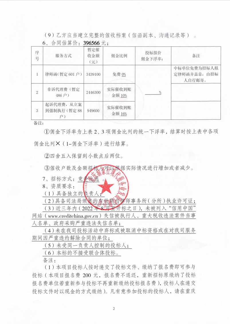 渝豪仕公司物业费催收专项委托服务招标信息公告