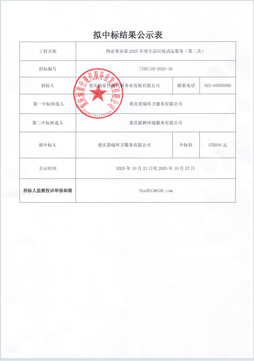 渝豪仕公司物业事业部2025年度垃圾清运服务（第二次）拟中标结果公示表