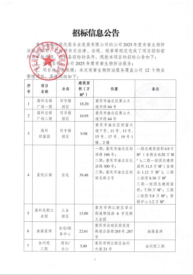 渝豪仕公司2025年度有害生物防治服务招标信息公告