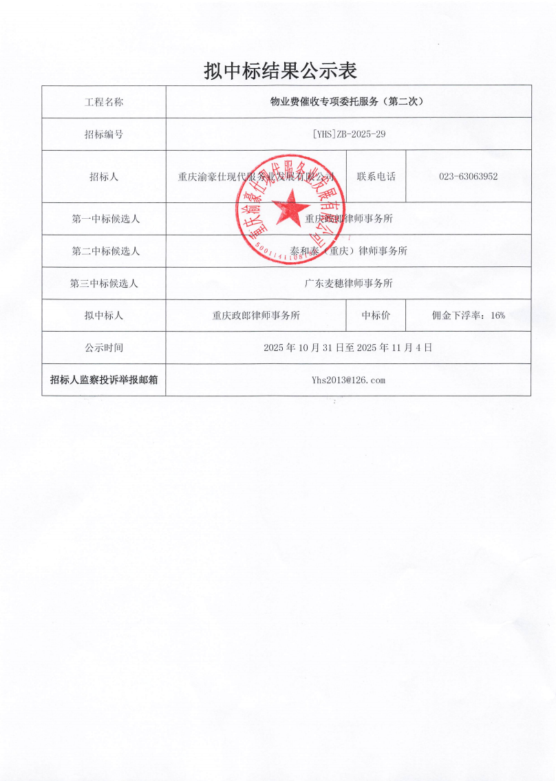 渝豪仕公司物业费催收委托服务（第二次）拟中标结果公示表