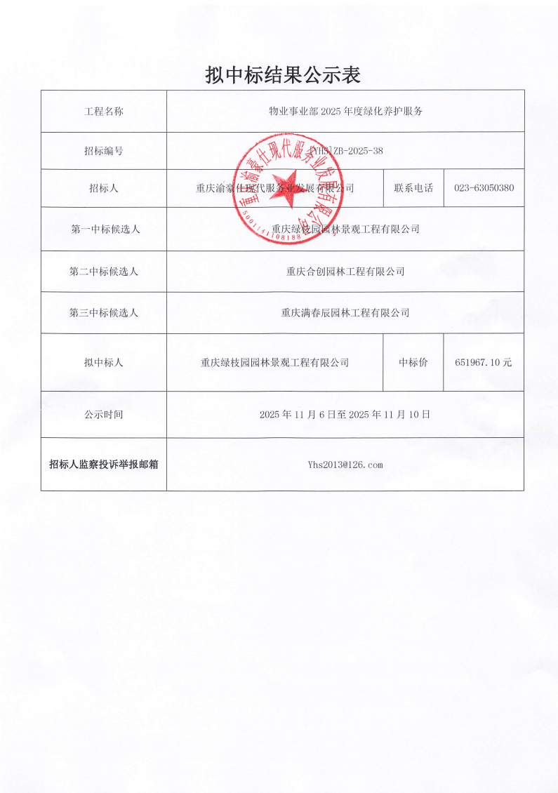 渝豪仕公司物业事业部2025年度绿化养护服务拟中标结果公示表