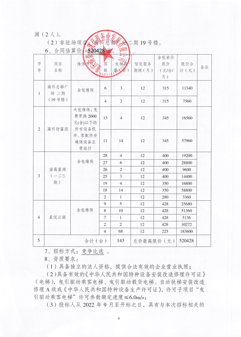 渝豪仕公司物业事业部2025年度电梯维保服务（第二次）招标信息公告