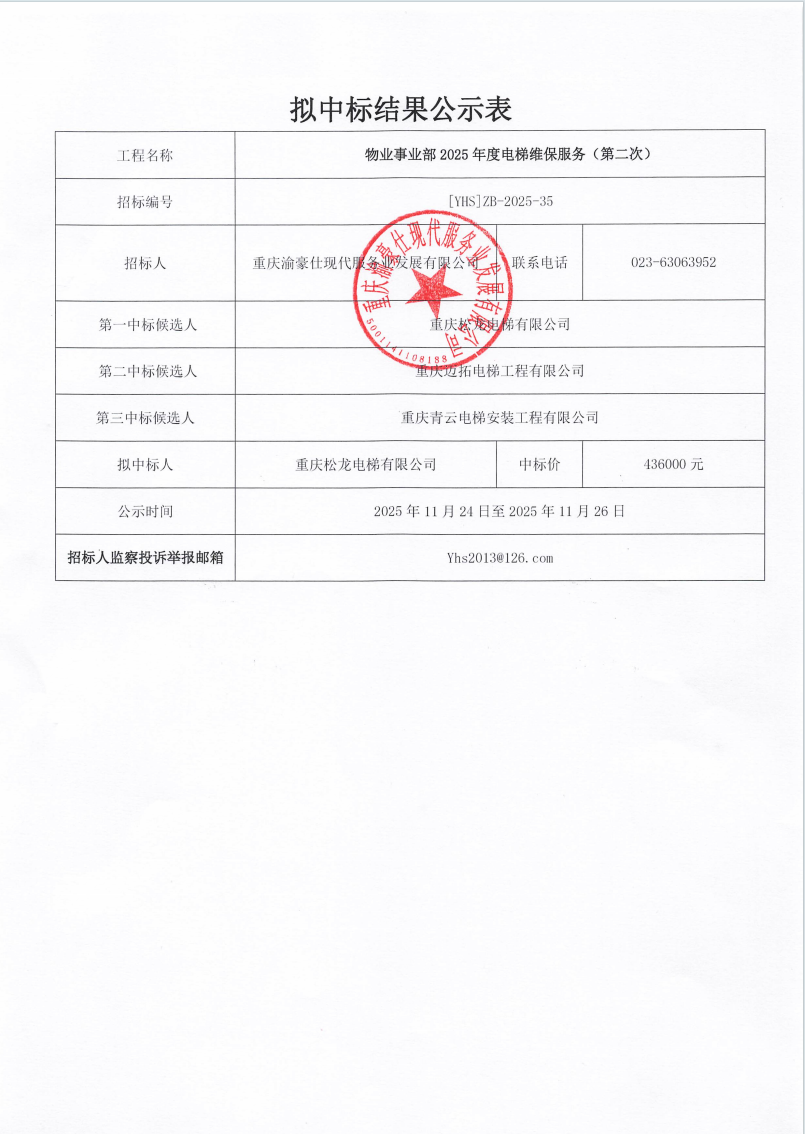 渝豪仕公司物业事业部2025年度电梯维保服务（第二次）拟中标结果公示表