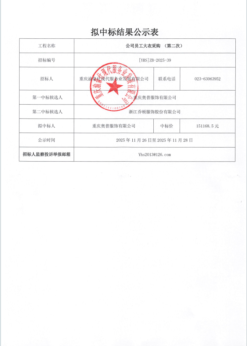 渝豪仕公司员工大衣采购（第二次）拟中标结果公示表