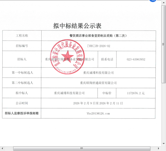 餐饮酒店事业部食堂奶制品采购（第二次）拟中标结果公示表