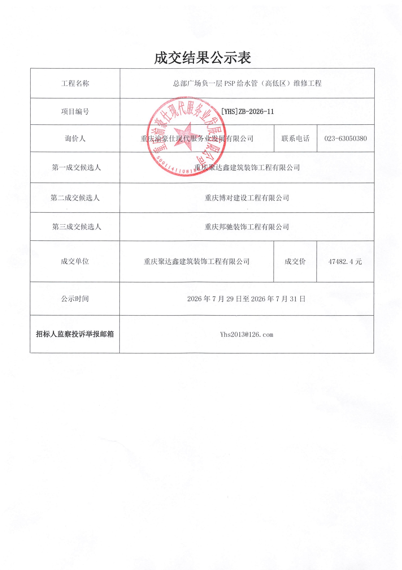 总部广场负一层PSP给水管（高低区）维修工程成交结果公示表