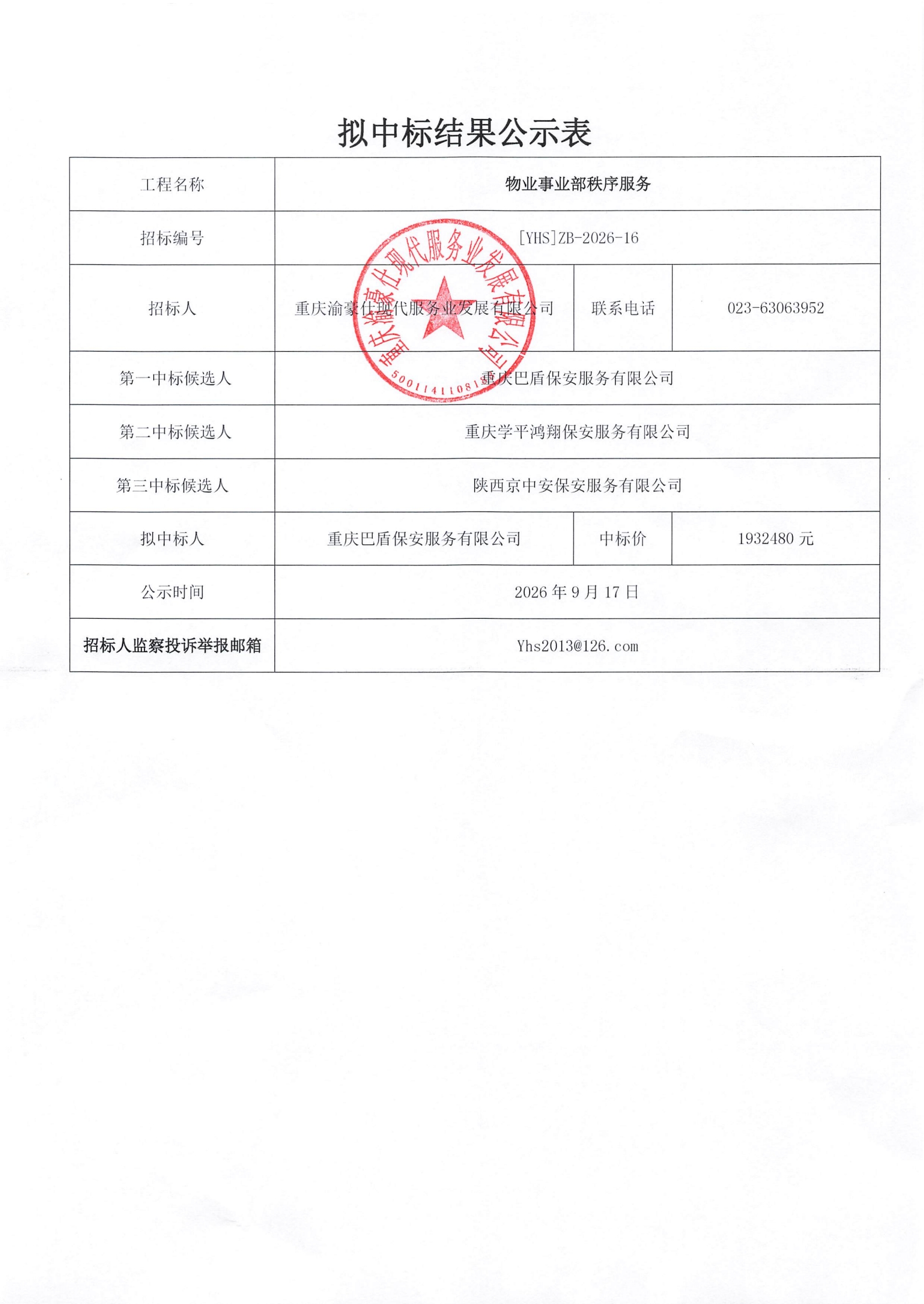 重庆渝豪仕现代服务业发展有限公司物业事业部秩序服务项目拟中标结果公示表